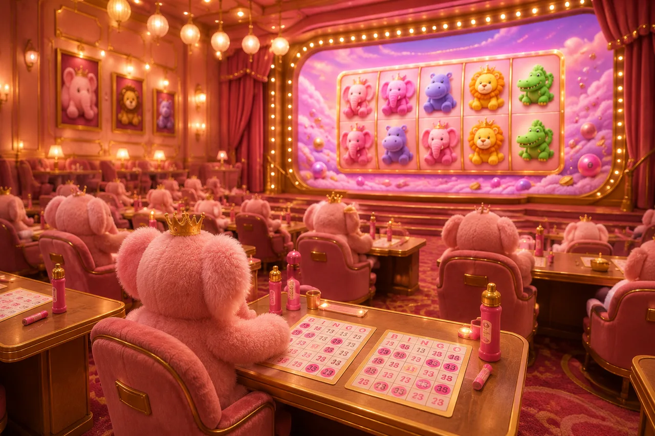 A plush-toy bingo hall with Fluffy Favourites playing on the main stage screen