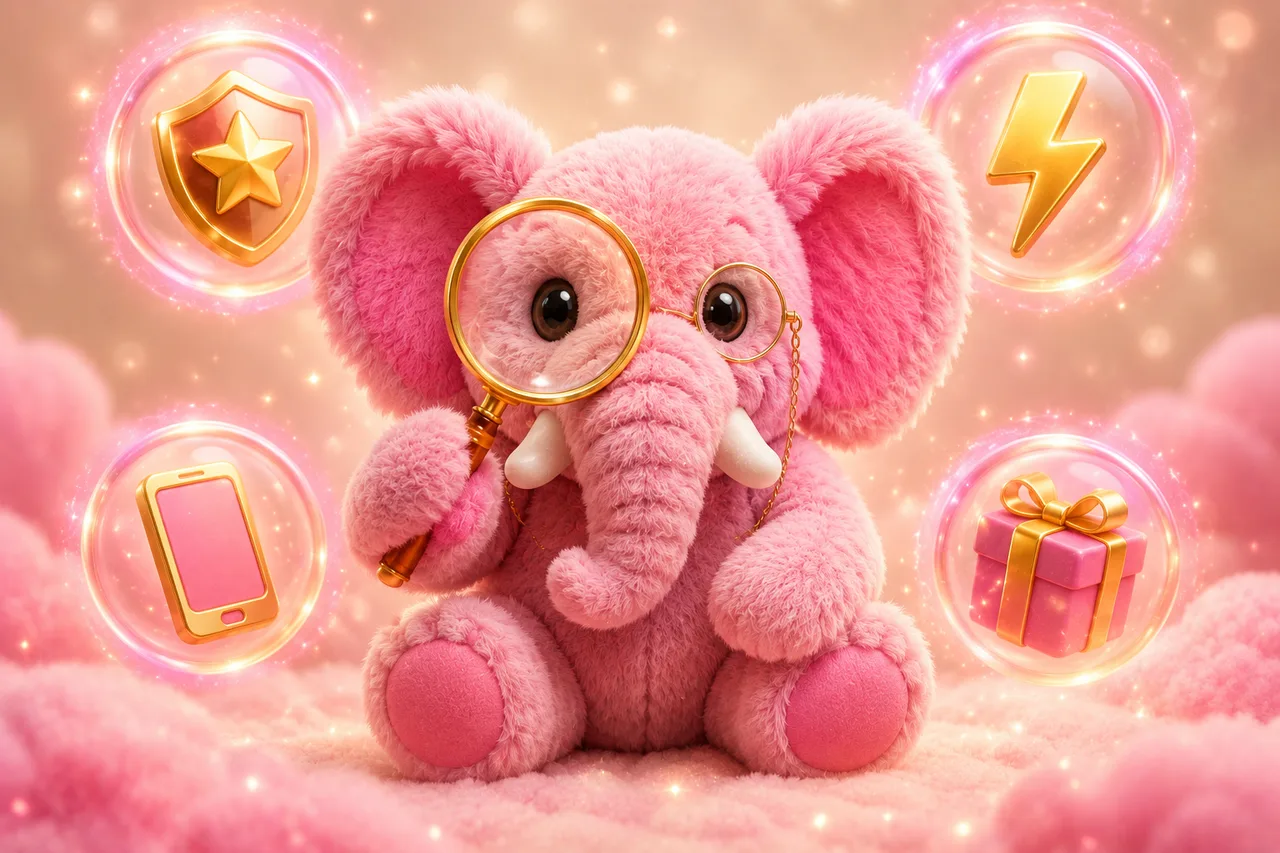Fluffy pink elephant inspecting trust badges through a golden magnifying glass