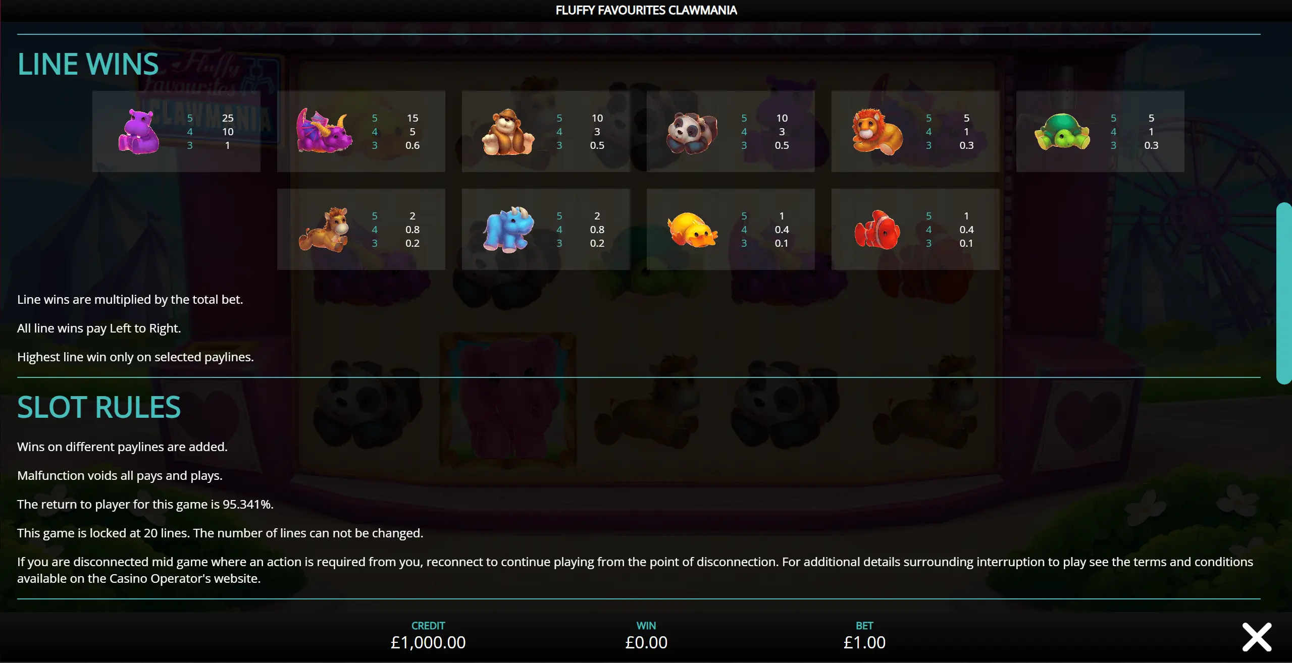 Clawmania line wins and slot rules