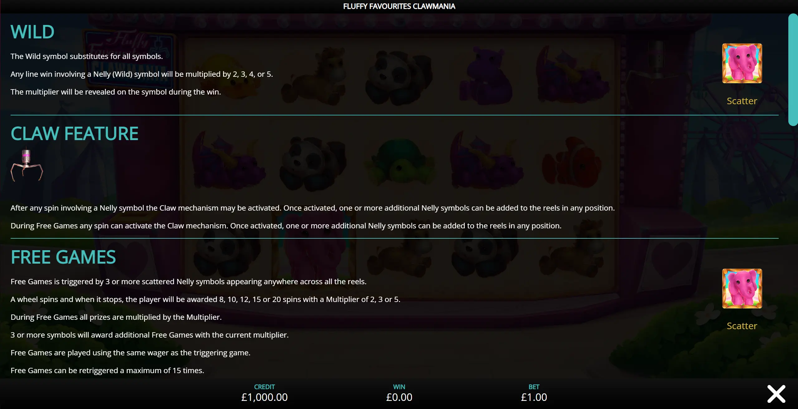 Clawmania wild symbol, Claw feature and Free Games rules