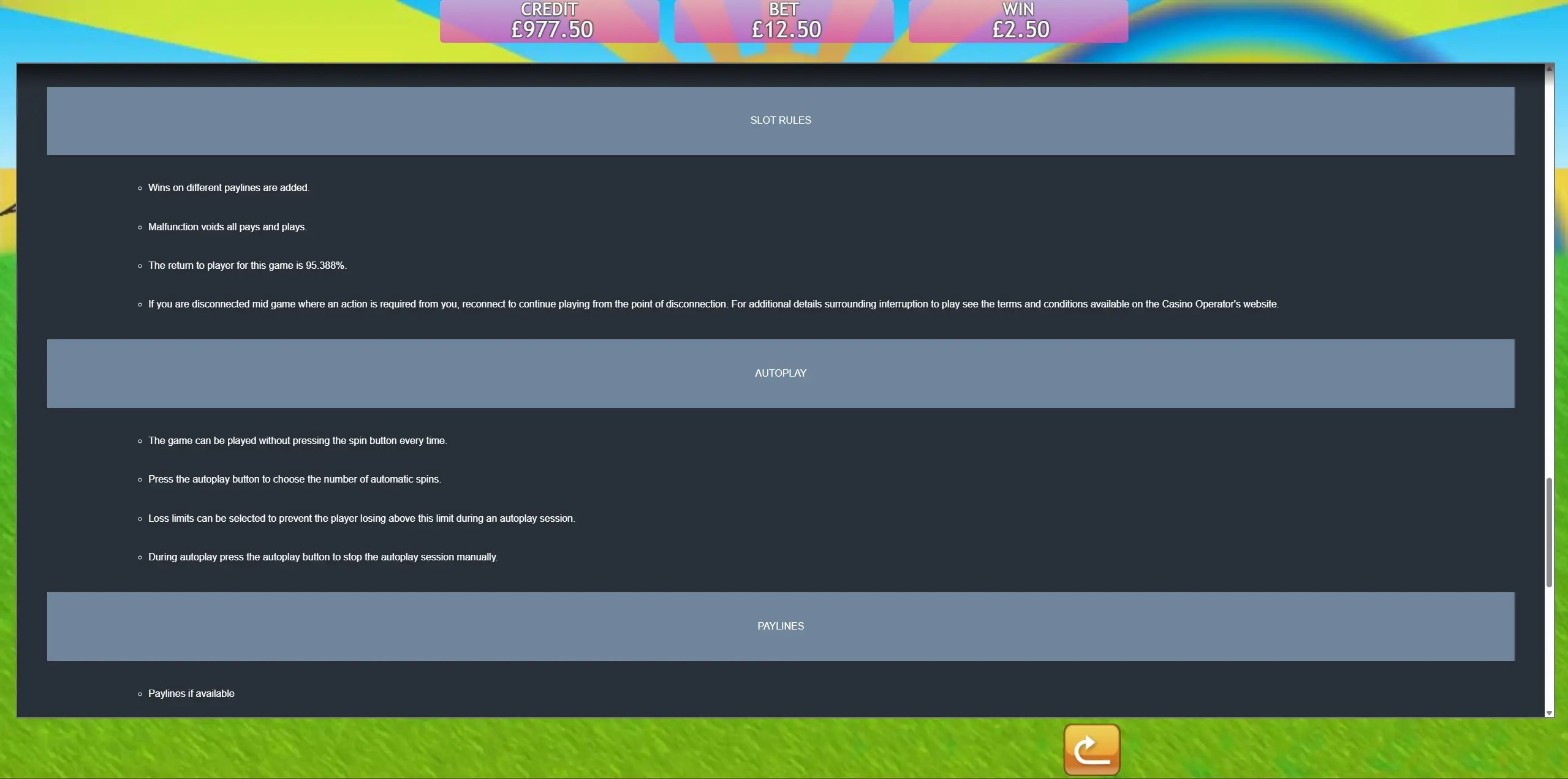 Fluffy Favourites slot rules and autoplay screen showing the RTP