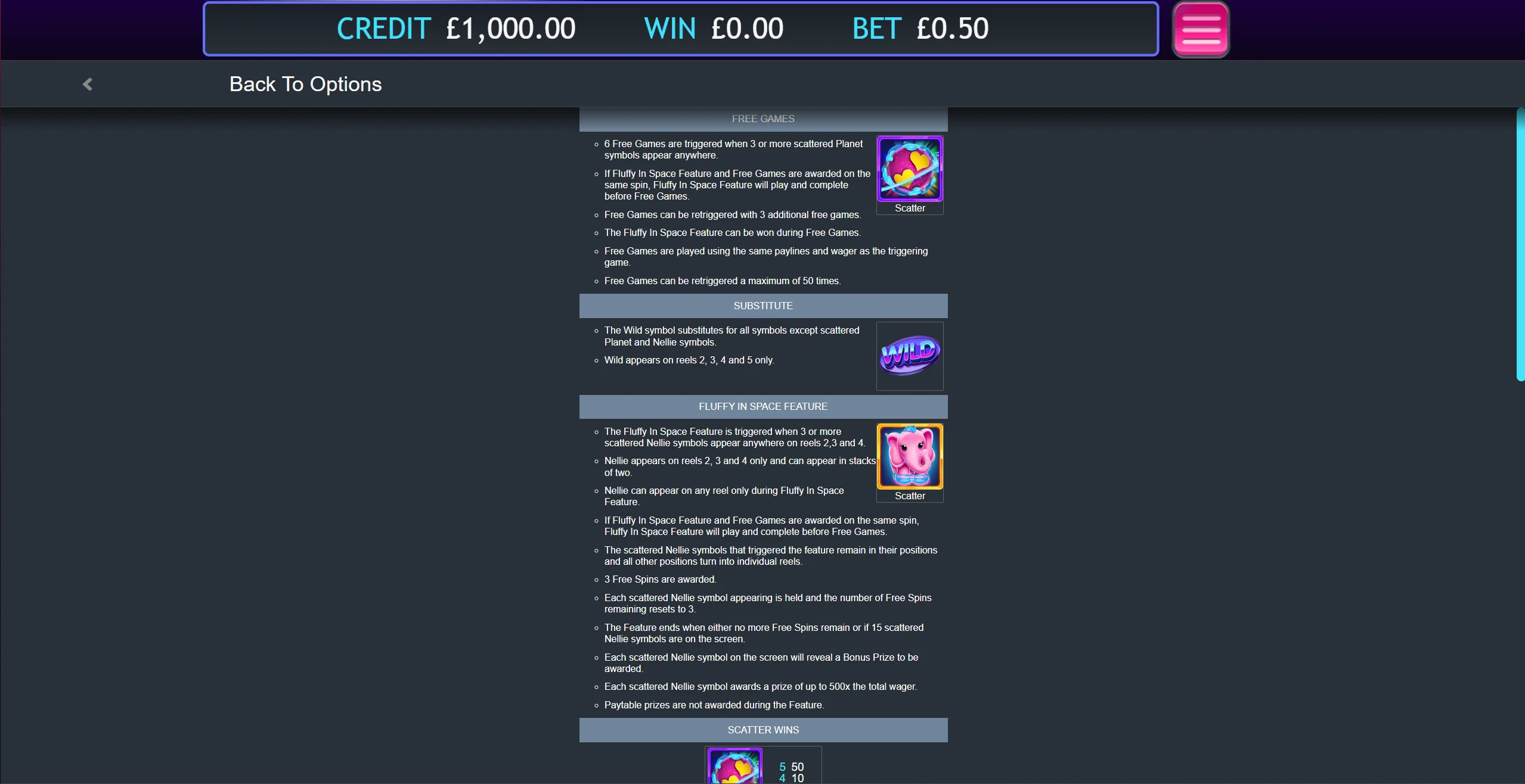 Fluffy in Space Free Games, Wild and feature rules