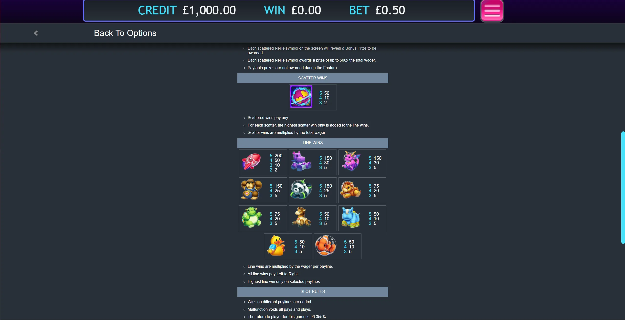 Fluffy in Space line wins and scatter rules