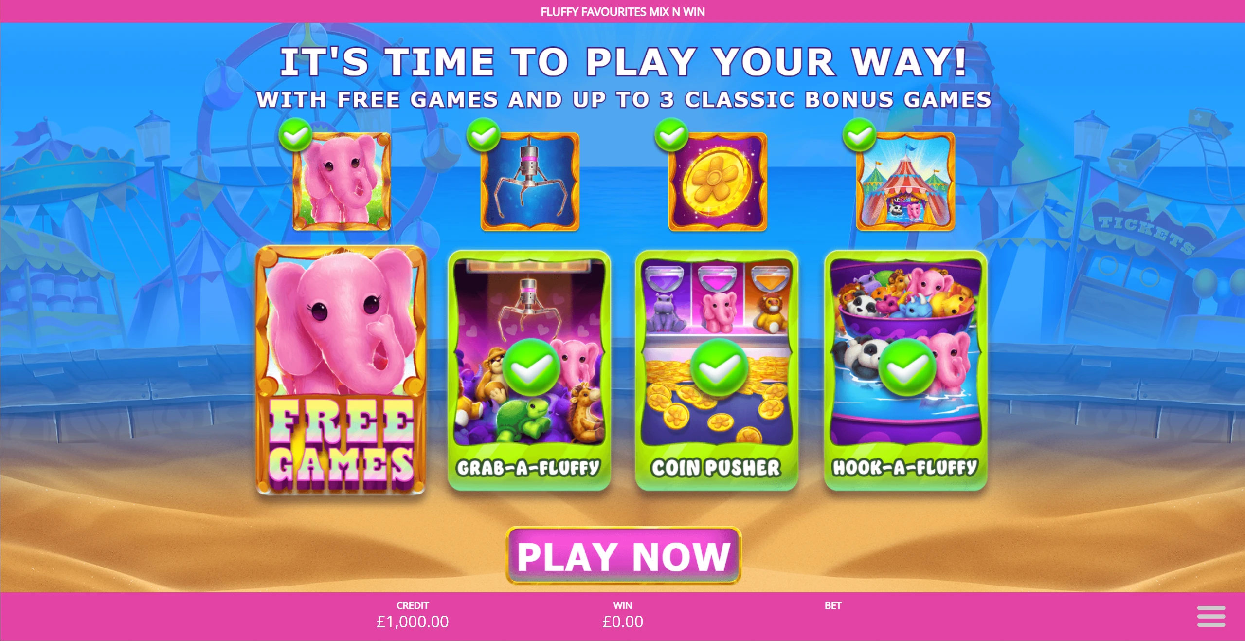 Fluffy Favorites Mix N Win feature selection screen with three bonus games